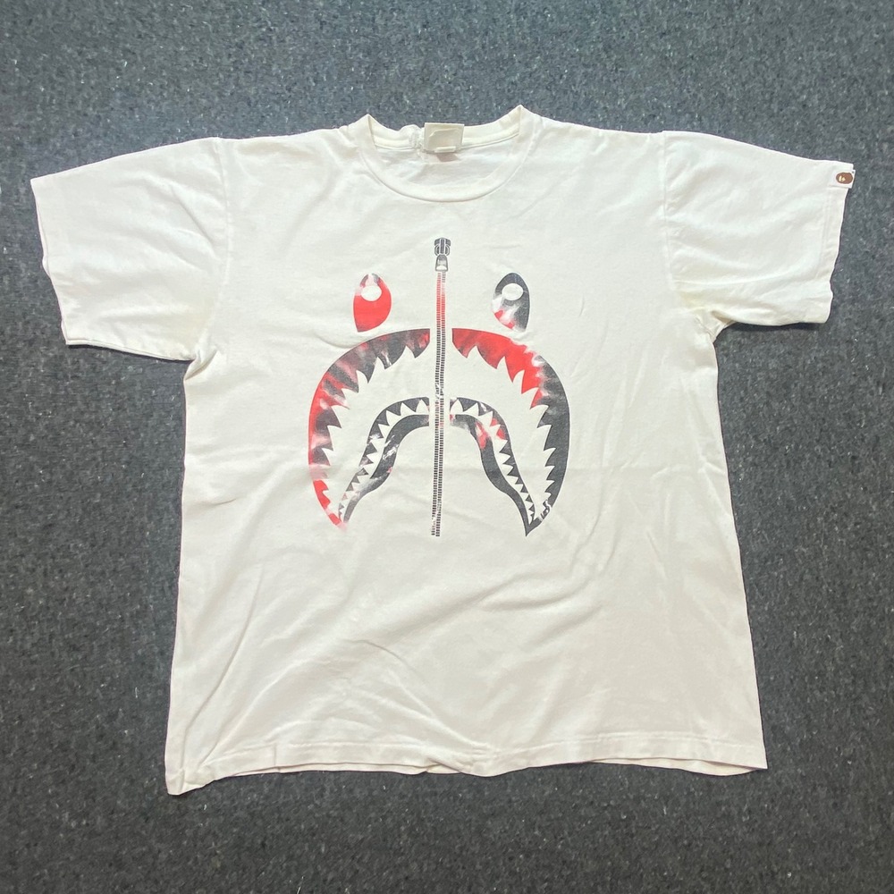 A Bathing Ape Shark Graphic T Shirt L Mens White Streetwear Faux Zipper Print